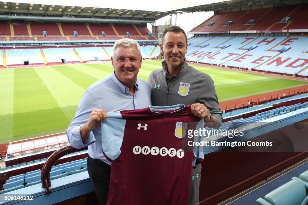 Aston Villa's new signing John Terry, manager Steve Bruce and Chairman Keith Wyness during the press conference at Villa Park on July 3, 2017 in...