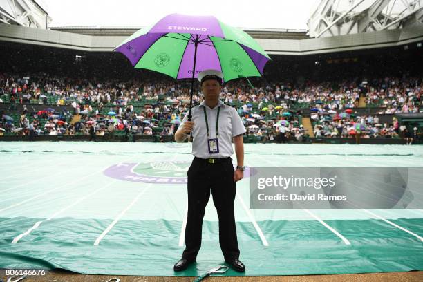 Rain delays on centre court on day one of the Wimbledon Lawn Tennis Championships at the All England Lawn Tennis and Croquet Club on July 3, 2017 in...