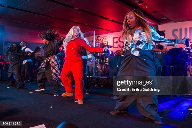 Tamika Scott, Kandi Burruss, Tameka 'Tiny' Harris, and LaTocha Scott of Xscape performperform onstage at the 2017 ESSENCE Festival Presented By Coca...