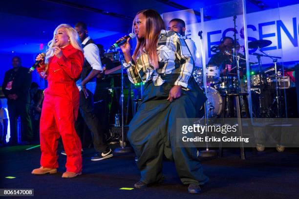 Tameka 'Tiny' Harris and LaTocha Scott of Xscape perform onstage at the 2017 ESSENCE Festival Presented By Coca Cola at the Mercedes-Benz Superdome...