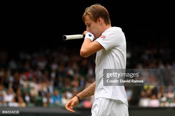 Alexander Bublik of Kazakhstan reacts during the Gentlemen's Singles first round match against Andy Murray of Great Britain on day one of the...