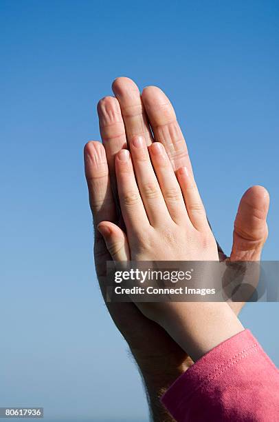 childs hand on an adults hand - showing size with hands stock pictures, royalty-free photos & images