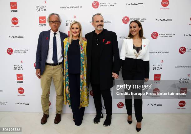 Bonaventura Clotet, Cristina Cifuentes, Miguel Bose and Monica Naranjo attend the presentation of the Gala Against Aids on July 3, 2017 in Madrid,...