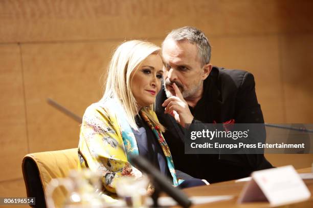 Cristina Cifuentes and Miguel Bose attend the presentation of the Gala Against Aids on July 3, 2017 in Madrid, Spain.