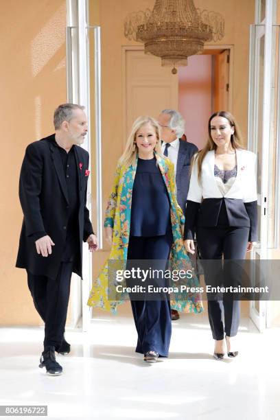 Miguel Bose, Cristina Cifuentes and Monica Naranjo attend the presentation of the Gala Against Aids on July 3, 2017 in Madrid, Spain.