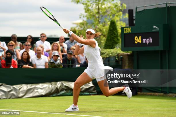 Laura Robson of Great Britain plays a forehand during the Ladies Singles first round match against Beatriz Haddad Maia of Brazil on day one of the...