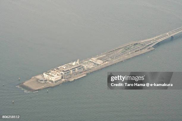 tokyo bay aqua line daytime aerial view from airplane - tokyo bay stock pictures, royalty-free photos & images