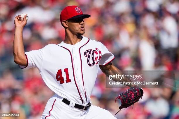 Joe Ross of the Washington Nationals throws a pitch to a Cincinnati Reds batter in the third inning during a game at Nationals Park on June 24, 2017...