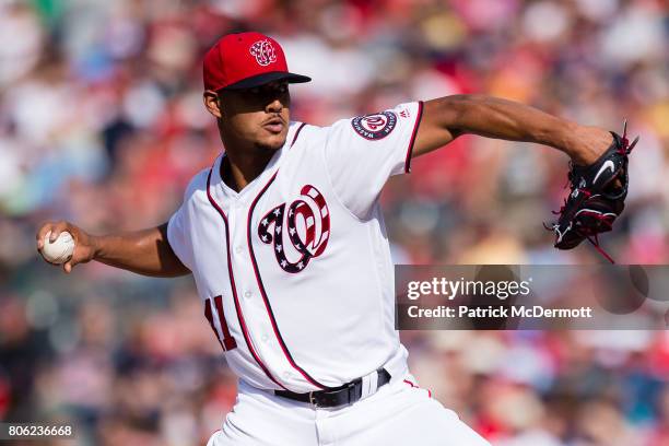 Joe Ross of the Washington Nationals throws a pitch to a Cincinnati Reds batter in the third inning during a game at Nationals Park on June 24, 2017...