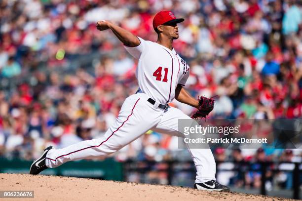 Joe Ross of the Washington Nationals throws a pitch to a Cincinnati Reds batter in the third inning during a game at Nationals Park on June 24, 2017...