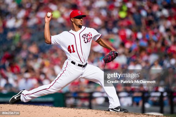 Joe Ross of the Washington Nationals throws a pitch to a Cincinnati Reds batter in the fourth inning during a game at Nationals Park on June 24, 2017...