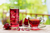 Cup of magenta hot hibiscus tea and the same cold drink