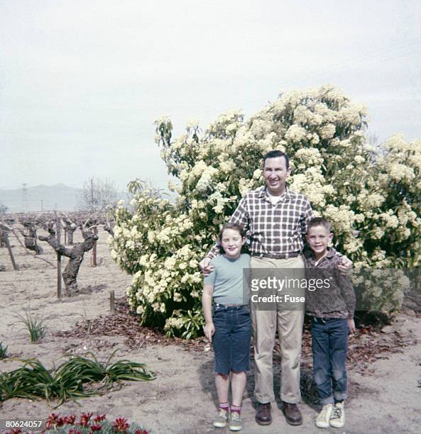 father standing in front of a bush with his two children - 1950 1960 stock pictures, royalty-free photos & images