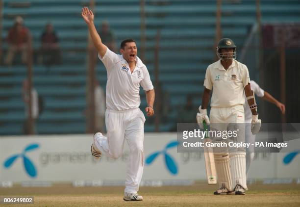 England's Tim Bresnan celebrates dismissing Bangladesh's Tamim Iqbal during the First Test at the Jahur Ahmed Chowdhury Stadium, Chittagong,...