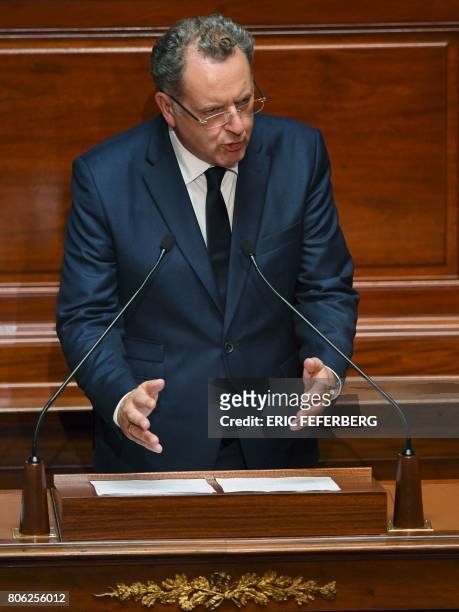 La Republique En Marche party's group president at the French national assembly, Richard Ferrand, delivers a speech during a special congress...