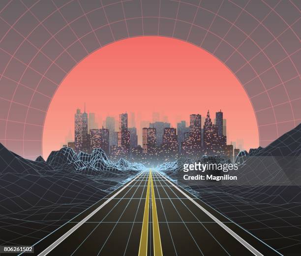 illustrazioni stock, clip art, cartoni animati e icone di tendenza di paesaggio digitale retrò in stile anni '80 con città al tramonto - futuristico