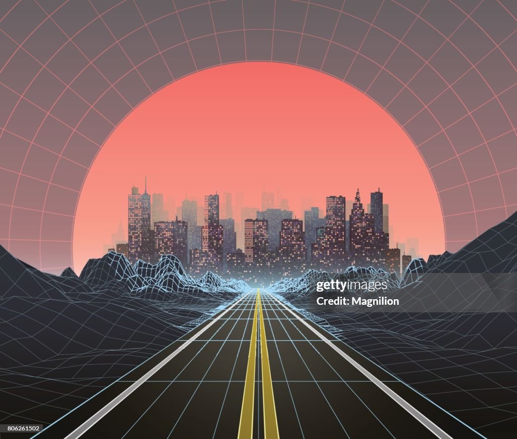 1980s Style Retro Digital Landscape with City at Sunset