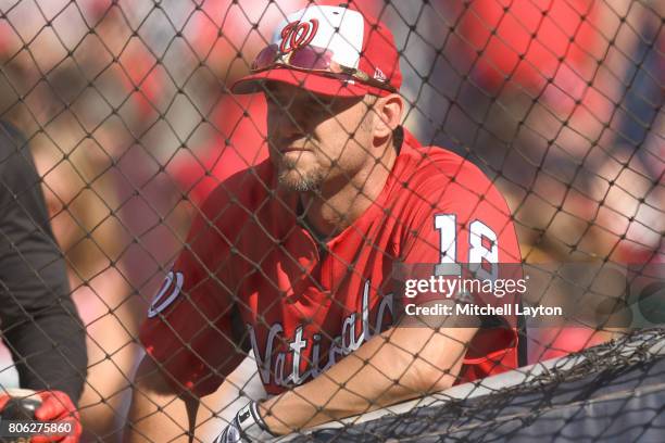 Ryan Raburn of the Washington Nationals looks on during batting practice beeper a baseball game against the Chicago Cubs at Nationals Park on June...