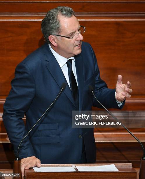 La Republique En Marche party's group president at the French national assembly, Richard Ferrand, delivers a speech during a special congress...