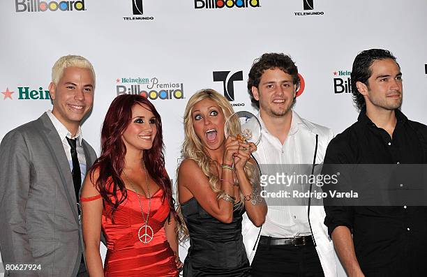 Musicians Christian Chavez, Dulce Maria, Anahi, Christopher Uckermann and Alfonso Poncho Herrera Rodriguez of RBD pose in the press room during the...