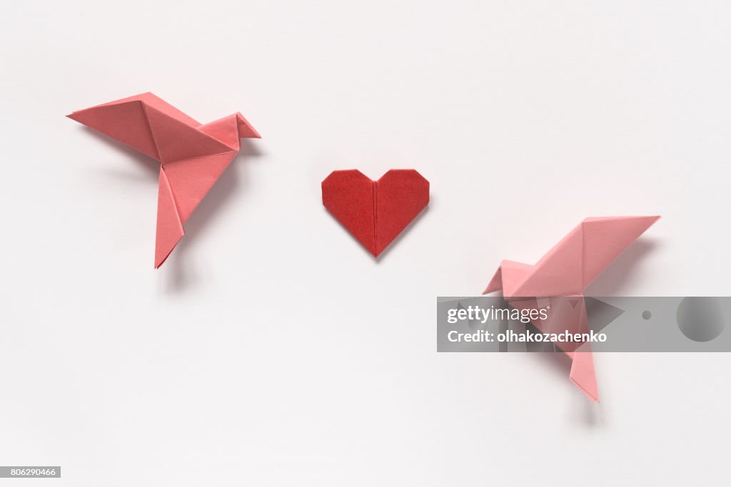 粉紅色的鳥類和折紙白色背景上的紅色心。情人節的禮物卡。