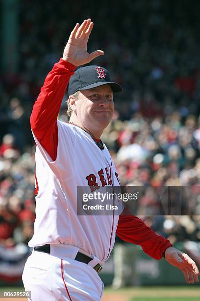 Curt Schilling of the Boston Red Sox heads out on to the field to get his 2007 World Series Championship Ring before the game the Detroit Tigers on...