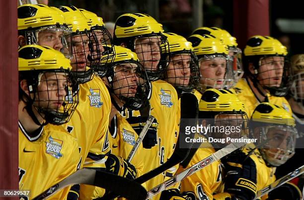 The Michigan Wolverines watch the action from the bench against the Notre Dame Fighting Irish in the third period of their semifinal game at the 2008...