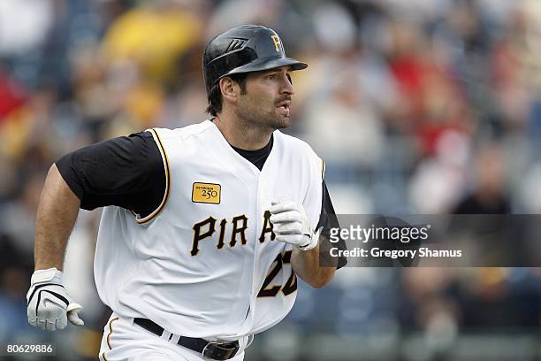 Xavier Nady of the Pittsburgh Pirates runs to base against the Chicago Cubs during the Home Opener for the Pittsburgh Pirates on April 7, 2008 at PNC...