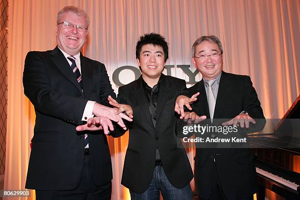 Sir Howard Stringer, Chairman and CEO of Sony, Pianist Lang Lang, and Masao Morita, son of Akio Morita, the founder of Sony, pose at an event held to...