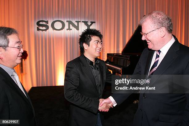 Sir Howard Stringer, Chairman and CEO of Sony, Pianist Lang Lang, and Masao Morita, son of Akio Morita, the founder of Sony, attend an event held to...