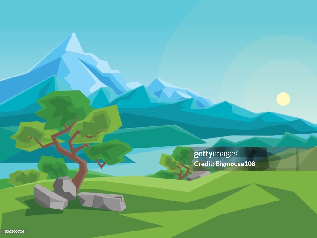Dibujos Animados Verano Montaña Y Río Sobre Un Fondo De Paisaje Vector De  Ilustración de stock - Getty Images