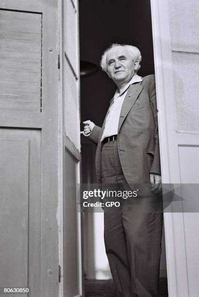 David Ben Gurion, the first Prime Minister of the Jewish State, on his office balcony May 20, 1949 in Tel Aviv, Israel.