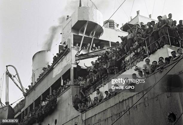 The British ship Mataroa arrives with 1,204 Jewish survivors of the Nazi persecution in Europe on July 15, 1945 at the northern port of Haifa in what...