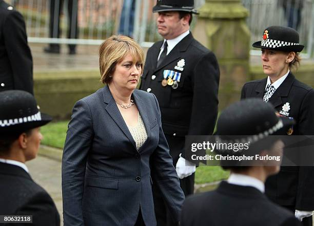 Home Secretary Jacqui Smith arrives at Manchester Cathedral for the thanksgiving service of Manchester's Chief Constable Michael Todd, April 11, 2008...
