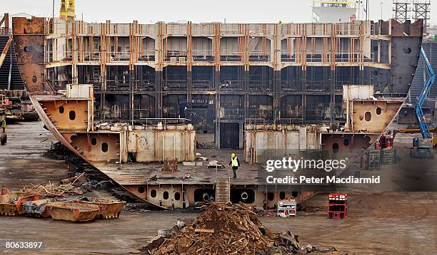 The MSC Napoli cargo ship lies in a dry dock at Harland and Wolff ship builders as it is dismantled for recycling on April 11, 2008 in Belfast,...