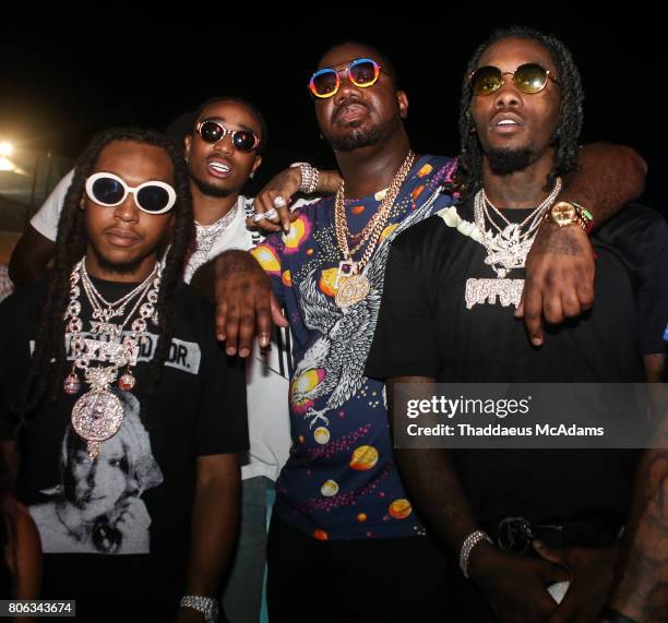 Takeoff, Quavo, P, and Offset on pool side on board the Summer Fest Cruise July 2, 2017 in At Sea, Bahamas.