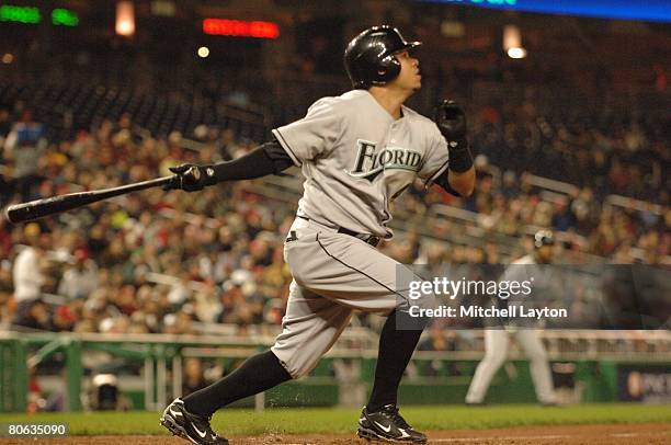 Alfredo Amezaga of the Florida Marlins bats during a baseball game against the Washington Nationals on April 7, 2008 at Nationals Park in Washington...