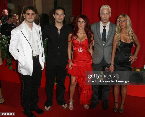 Christian Chavez, Christopher Uckermann, Dulce Mar?a, Anahi, and Alfonso Poncho Herrera Rodriguez attend the 2008 Billboard Latin Music Awards at the...