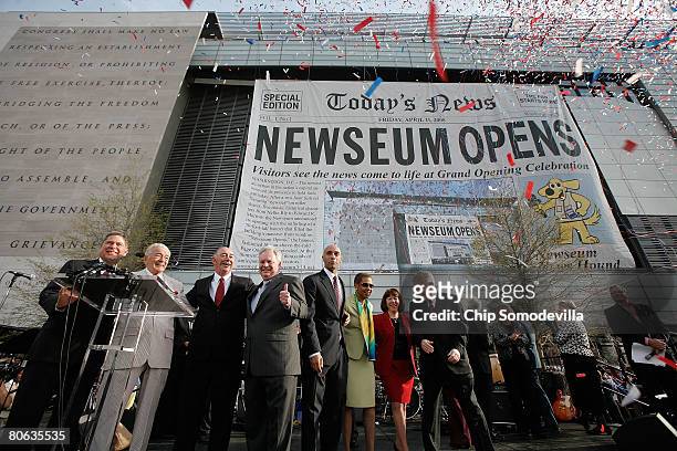 Newseum officials Chairman Alberto Ibarguen, founder Al Neuharth, CEO Charles Overby and President Peter Prichard are joined by District of Columbia...