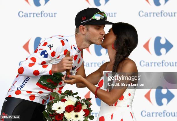 Nathan Brown of The United States and team Cannondale Drapac Proffesional Cycling celebrates in the Polka dot jersey following stage 3 of the 2017...