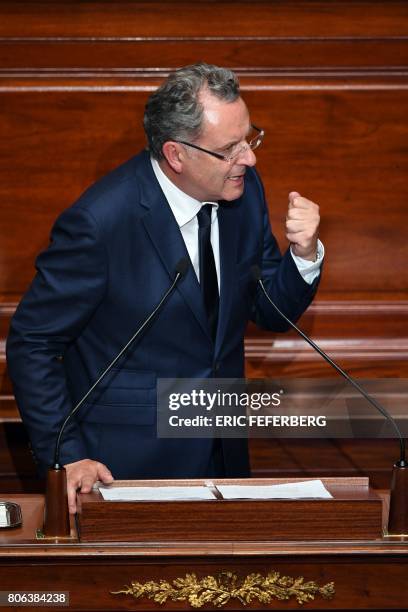 La Republique En Marche party's group president at the French national assembly, Richard Ferrand, delivers a speech during a special congress...