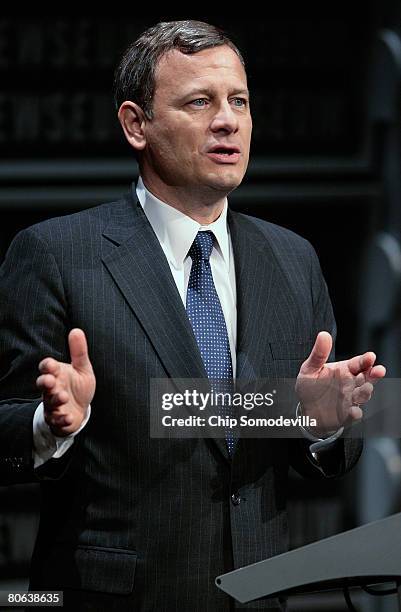 United States Supreme Court Chief Justice John Roberts addresses the dedication ceremony during the grand opening of the Newseum April 11, 2008 in...