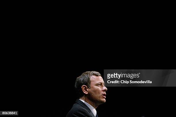 United States Supreme Court Chief Justice John Roberts addresses the dedication ceremony during the grand opening of the Newseum April 11, 2008 in...