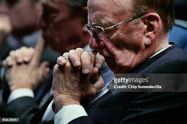 News Corportation Chairman Rupert Murdoch waits to address the dedication ceremony of the Newseum April 11, 2008 in Washington, DC. The...