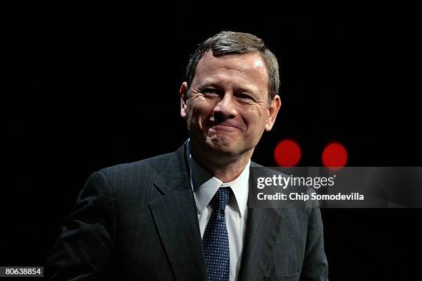 United States Supreme Court Chief Justice John Roberts addresses the dedication ceremony during the grand opening of the Newseum April 11, 2008 in...