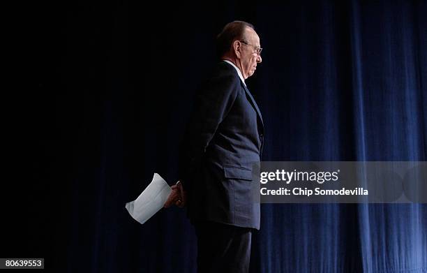 News Corportation Chairman Rupert Murdoch prepares to address the dedication ceremony of the Newseum April 11, 2008 in Washington, DC. The...