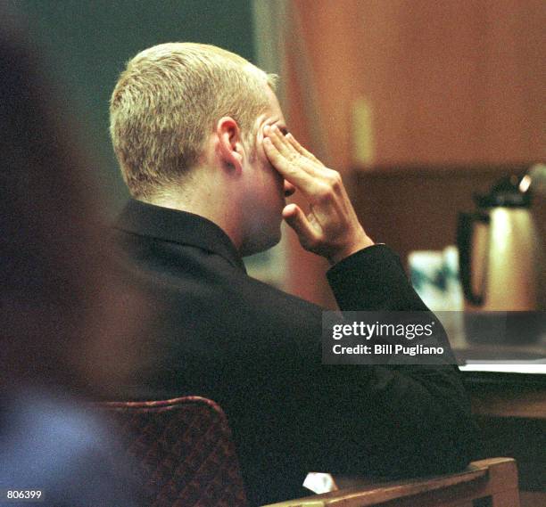 Rap star Marshall Mathers III sits in the courtroom of Judge Denise Langford Morris at Oakland County Circuit Court April 23, 2001 in Pontiac,...