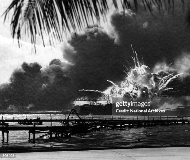 The USS Shaw explodes during the Japanese raid on Pearl Harbor December 7, 1941.