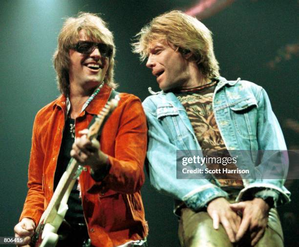 Musician Richie Sambora and singer Jon Bon Jovi of the band "Bon Jovi" perform in concert April 21, 2001 in Las Vegas, NV.