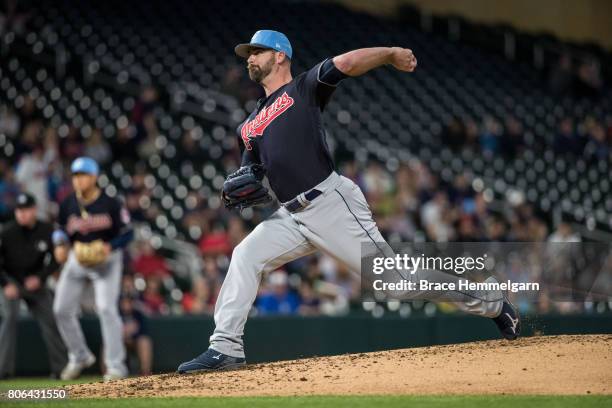 Boone Logan of the Cleveland Indians pitches against the Minnesota Twins in game two of a doubleheader on June 17, 2017 at Target Field in...